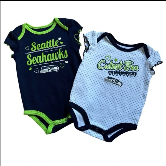 NFL Seattle Seahawks Baby Onesies Set of 2 - Navy and Lime Baby size 6-9M - Picture 1 of 3
